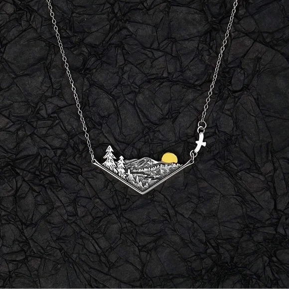 New 3D Mountain Range Eagle Artisan Southwestern Sterling Silver Forest Necklace - Picture 9 of 17